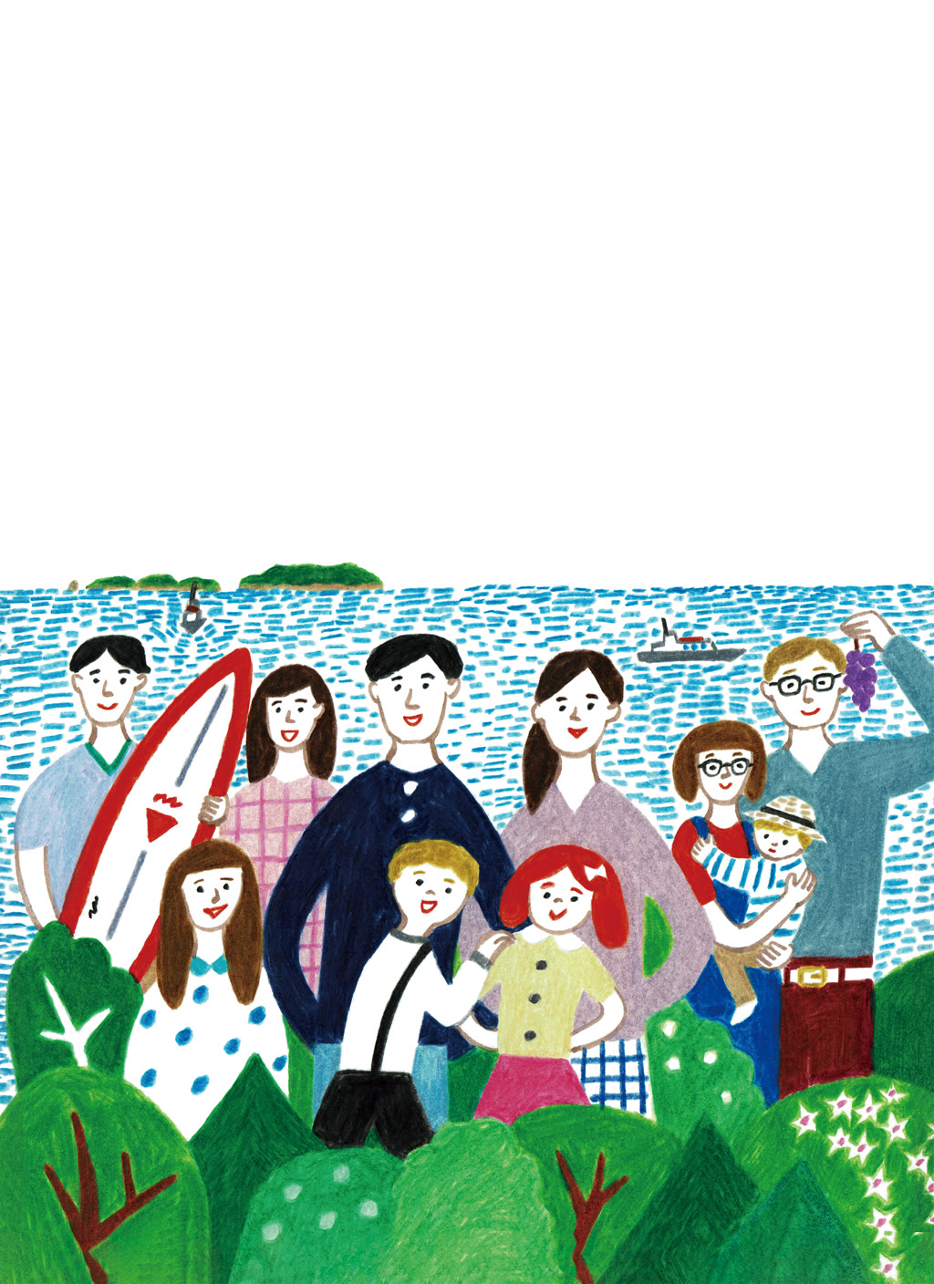 海辺に集う家族や人々のイラスト