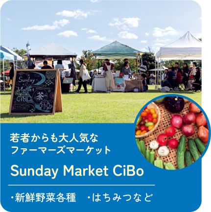 若者からも大人気なファーマーズマーケット Sunday Market CiBo 販売商品:・新鮮野菜各種 ・はちみつなど