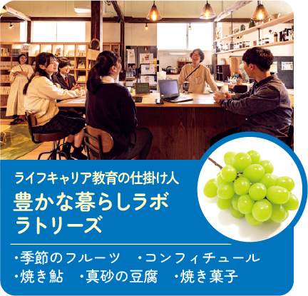 ライフキャリア教育の仕掛け人 豊かな暮らしラボラトリーズ 販売商品:・季節のフルーツ・コンフィチュール・焼き鮎・真砂の豆腐・焼き菓子