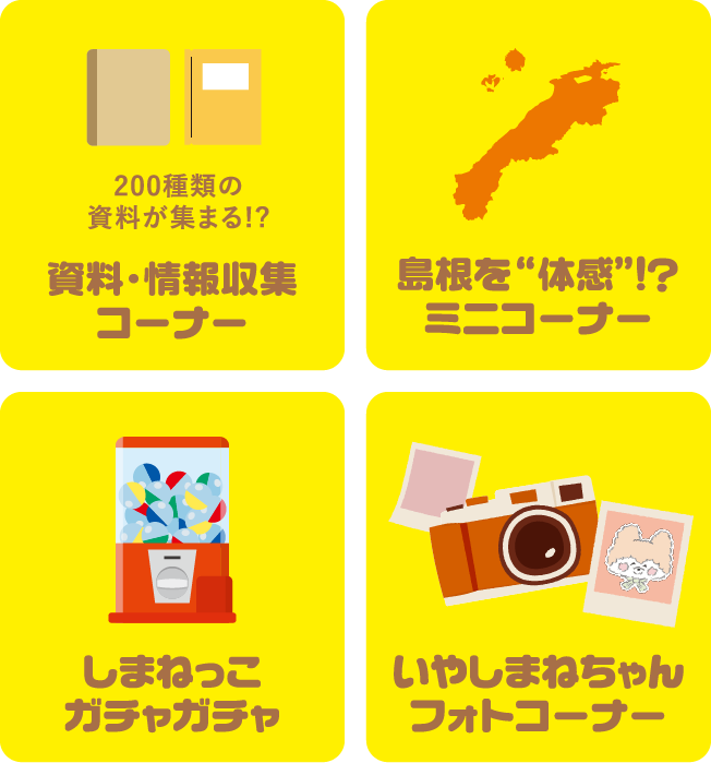 コーナー紹介。左上：資料・情報収集コーナー（200種類の資料が集まる!?）。右上：ミニコーナー（島根を体感!?）。左下：しまねっこガチャガチャ。右下：いやしまねちゃんフォトコーナー